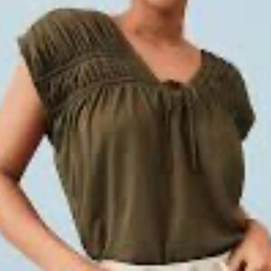 Loft  Olive Green Smocked Cap-Sleeve Shirred Tie NeckTop